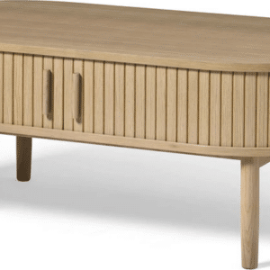 Ovalt sofabord Nordique Design Meta hvidpigmenteret egetræ med integrerede låger, H45ÃB120ÃL60 cm